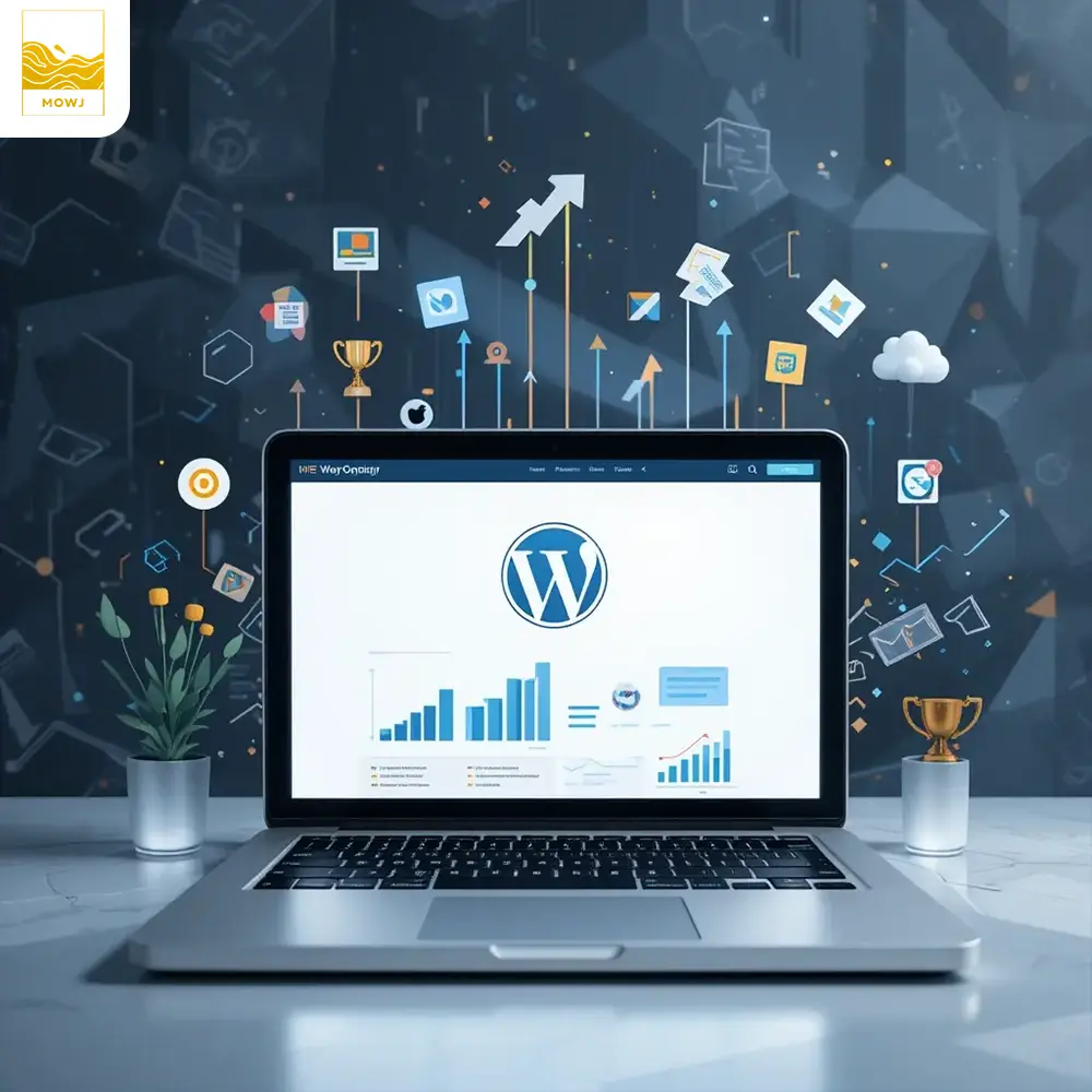 Upward arrows, growth charts, and data lines representing website traffic increase. Abstract digital icons like SEO and analytics symbols are included to showcase the concept of online growth and success