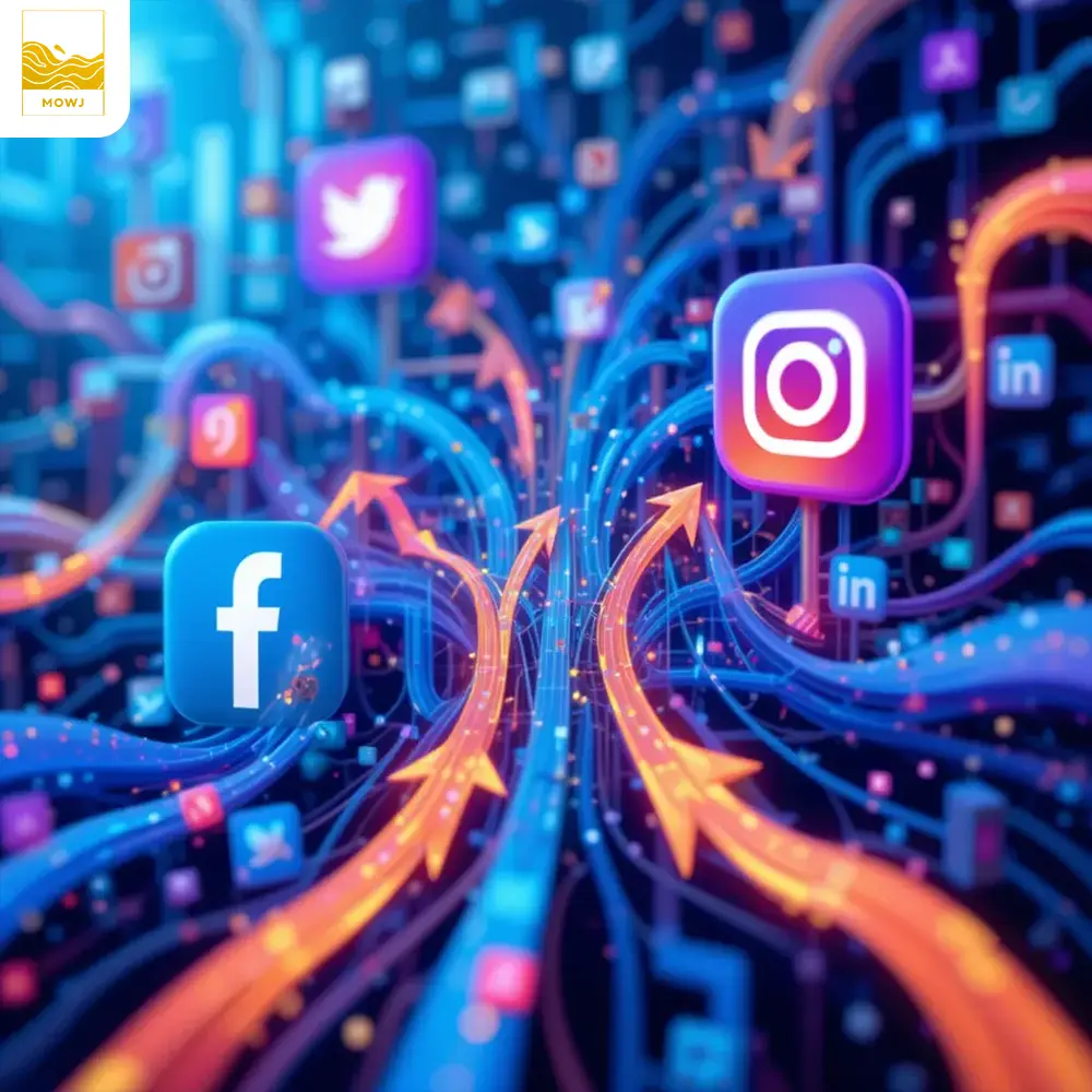 A dynamic representation of social media icons like Facebook, Instagram, and Twitter connected by arrows, symbolizing the flow of traffic to a website. The design highlights the role of social media in driving website growth and engagement