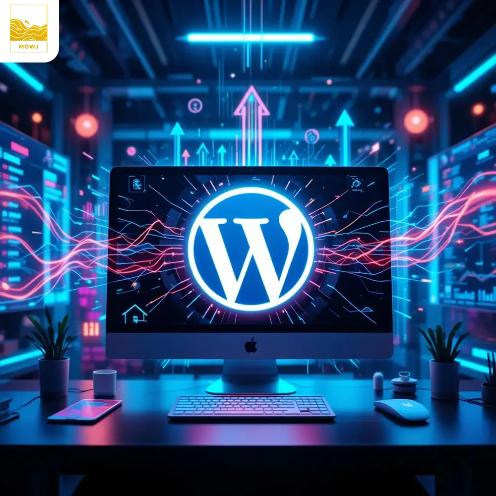 An abstract representation of website traffic growth with the WordPress icon displayed on a screen, surrounded by upward arrows and growth charts symbolizing increased website traffic and online success