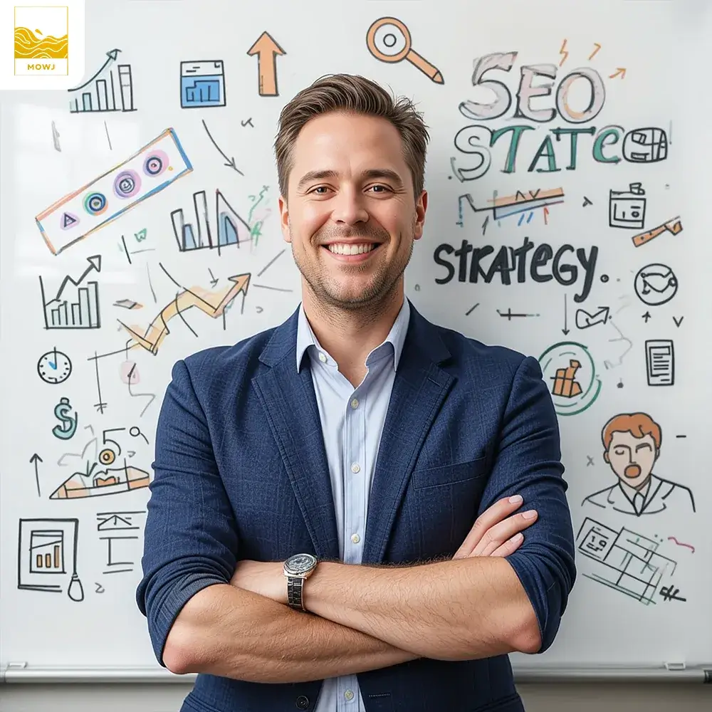 Manager overseeing SEO strategy with icons and symbols on whiteboard