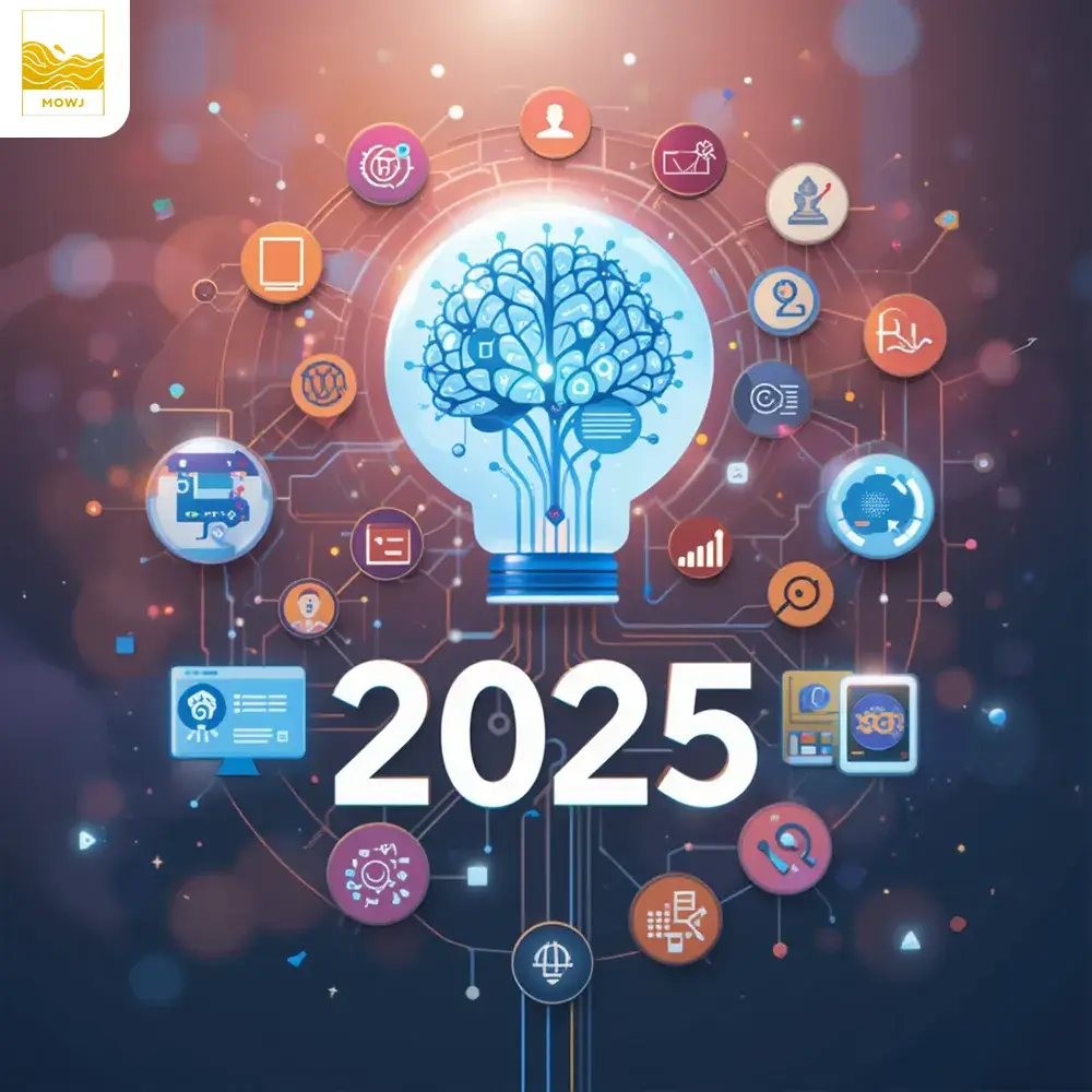Digital marketing strategy with SEO and AI icons for SEO 2025