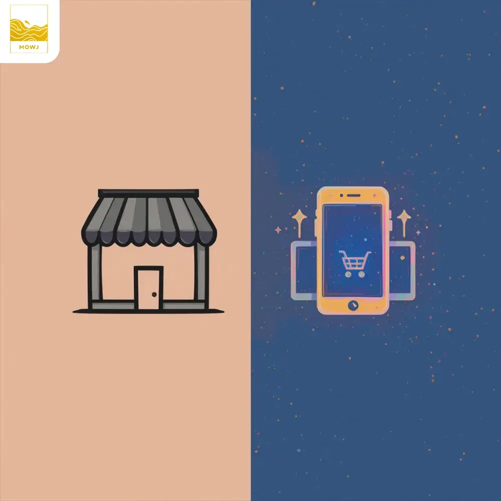 "A minimalist design featuring two contrasting icons: one of a traditional storefront or brick-and-mortar shop, and the other of a modern digital device, like a smartphone or laptop, symbolizing an online business. The traditional shop icon is faded or grayed out, while the digital device icon is bold and vibrant, symbolizing the future of commerce. Simple lines, soft colors, and clean design to convey the idea of falling behind by not embracing digital transformation."