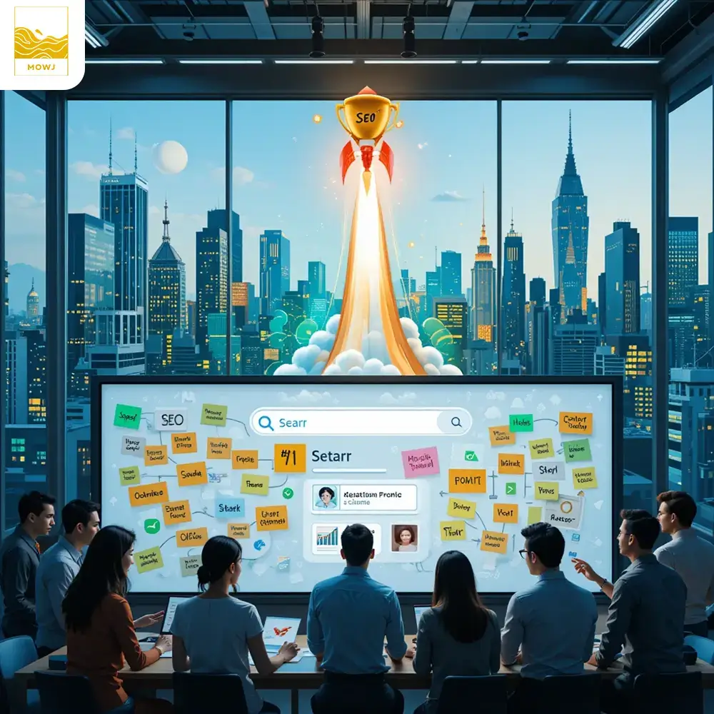 A cartoon-style rocket launching from a Google search bar, with a fiery trail made of glowing keywords like 'SEO,' 'Startup,' and 'Traffic.' A floating roadmap shaped like an upward arrow is marked with milestones: 'Keyword Research,' 'Content,' 'Speed,' and 'Backlinks.' A diverse team of young entrepreneurs high-fives near a laptop, surrounded by icons like analytics charts, lightbulbs (ideas), and a trophy labeled 'Page 1 Ranking.' Background: a dynamic mix of geometric shapes in bright tech-inspired colors (electric blue, neon green, and orange) with subtle search engine symbols (magnifying glasses, stars).
