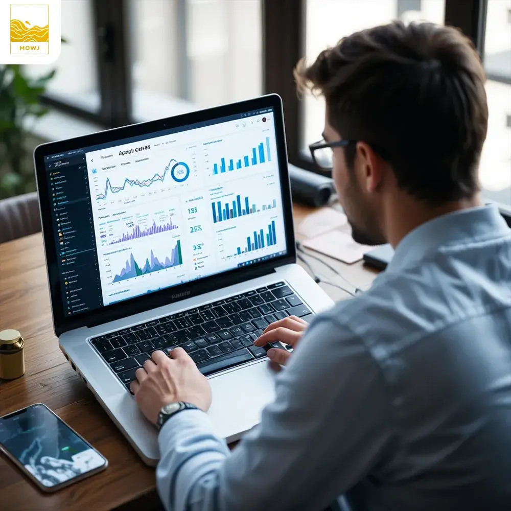 Manager analyzing SEO strategy on laptop with graphs and chart