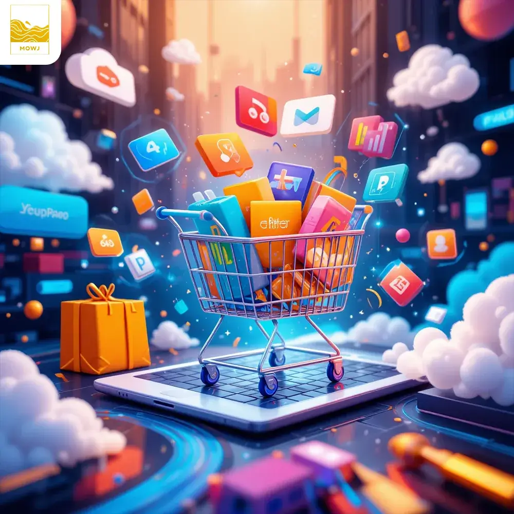 A creative illustration of an online shopping experience, where products are floating in a virtual shopping cart surrounded by digital elements like payment icons, cloud technology, and fast delivery symbols. The scene shows an abstract, futuristic view of e-commerce with bright, engaging colors and dynamic motion to represent the speed and convenience of online shopping."