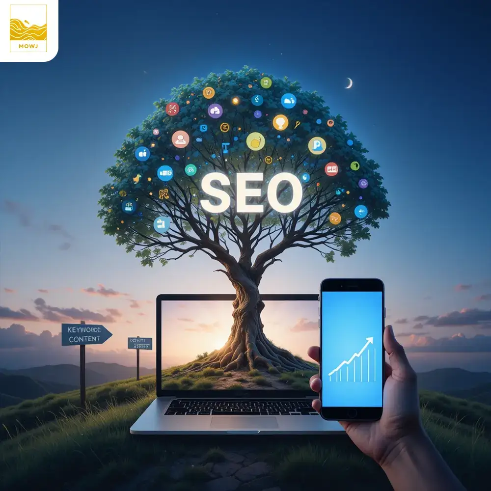 A tree growing out of a laptop, symbolizing organic growth through SEO. The branches are filled with glowing icons like a magnifying glass (search), a lightbulb (ideas), and a thumbs-up (success). A pathway leads to a glowing horizon with signposts labeled 'Keywords,' 'Content,' 'Speed,' and 'Backlinks.' A hand holds a smartphone displaying a rising traffic growth graph. Background: a soft gradient sky transitioning from dawn to daylight, with subtle clouds shaped like search engine icons.