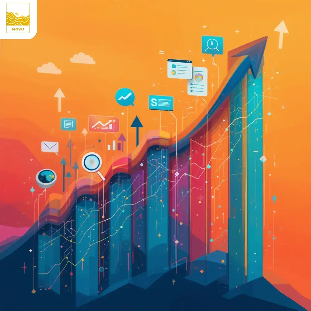 Upward trending graph with SEO symbols illustrating website traffic growth