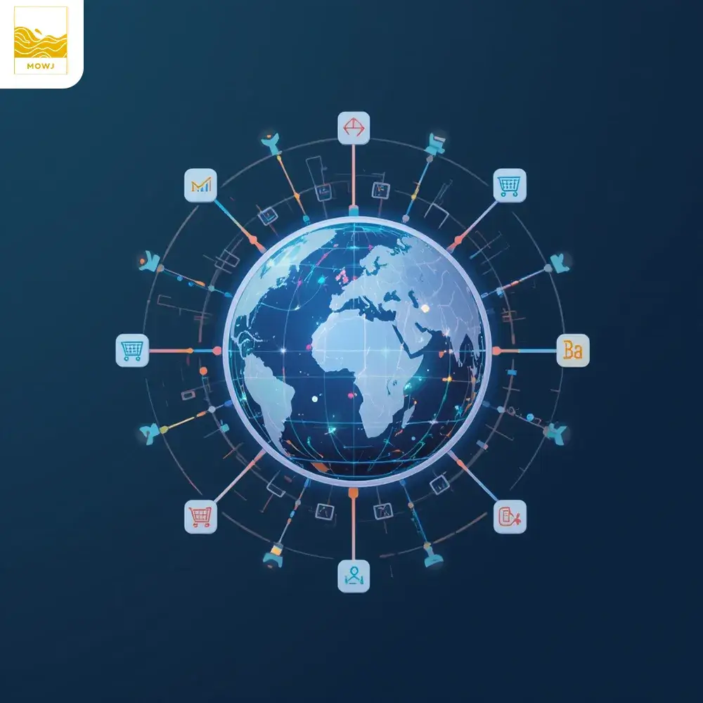 "A digital marketing symbol, such as a globe with interconnected nodes, representing online business growth, digital strategy, and global reach. Include elements that symbolize businesses and sales, such as shopping carts, charts, or money icons. Sleek, modern, and futuristic design with a focus on growth and commerce."