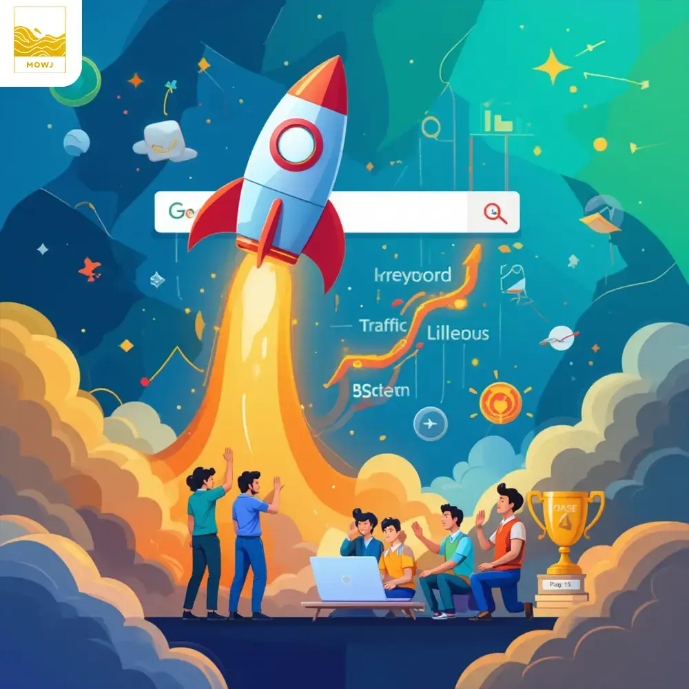 A diverse startup team collaborating around a digital whiteboard covered in SEO keywords like 'On-Page SEO' and 'Content Strategy.' A holographic website displays 'Speed' and 'Mobile-Friendly' checkmarks, while a magnifying glass reveals rising organic traffic and a '#1 Ranking' trophy. A startup skyscraper with SEO rockets outpaces competitors in a city skyline background.