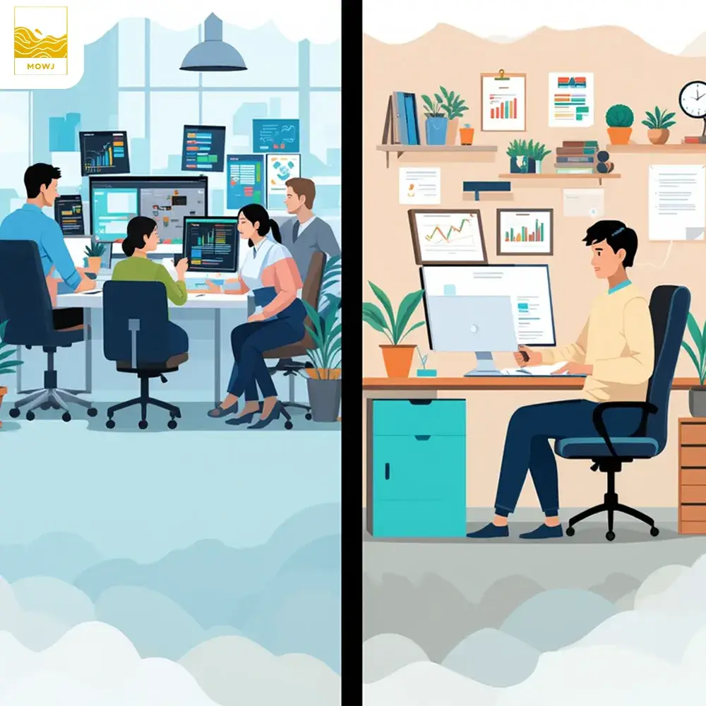 A side-by-side comparison of a digital marketing agency and a freelancer. On one side, an agency team collaborates in a professional office; on the other, a freelancer works independently from a home office, managing multiple tasks.