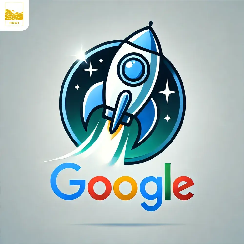 The image shows a rocket soaring into the sky, symbolizing high speed and progress. Below the rocket, the Google icon is displayed, highlighting the importance of website optimization to attract search engine attention and improve rankings.