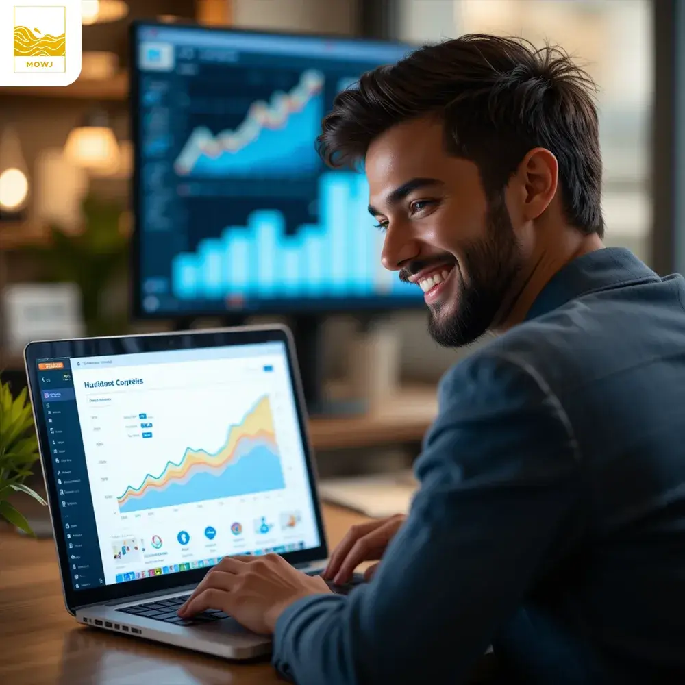 "An image showing a satisfied business owner smiling and reviewing their website on a laptop or tablet, with visible growth charts and a strong online presence in the background. The image symbolizes the positive impact of an SEO-optimized website, leading to increased visibility, customer engagement, and overall business satisfaction."