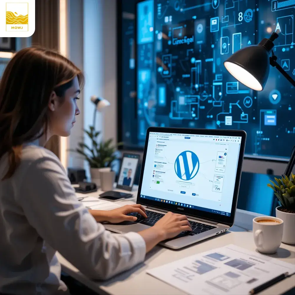 A web designer is working on a laptop at a modern desk, with the WordPress logo displayed on the screen. The designer is focused, surrounded by design tools, wireframe sketches, and a cup of coffee. The background features abstract digital elements representing web development and user experience design. The atmosphere feels professional and creative, with a color palette of blue and white reflecting the WordPress brand. Soft, modern lighting enhances the space, creating a focused and engaging environment.