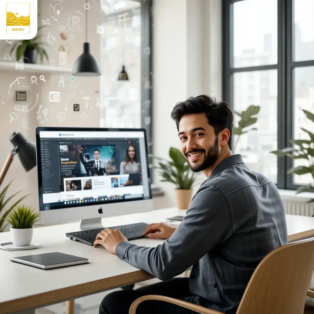 A business owner confidently creating a professional website on a laptop using a drag-and-drop website builder. The workspace is modern and minimalistic, with SEO, analytics, and hosting icons subtly integrated in the background.