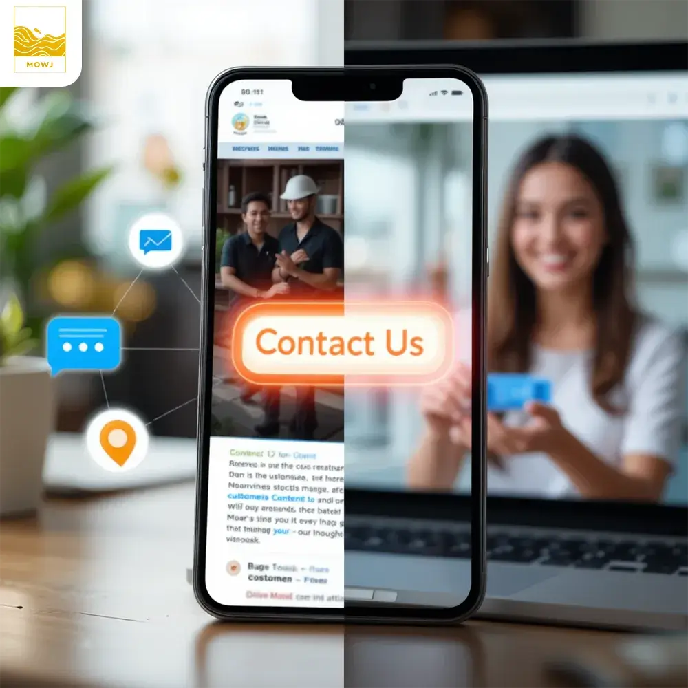 An engaging image showing a digital device (smartphone or laptop) displaying a business website with a glowing "Contact Us" button, surrounded by various icons symbolizing customer interaction (like chat bubbles, thumbs up, or location pins). The other half of the image shows a happy customer on the other side of the screen, actively engaging with the content or sending a message. This visual emphasizes the idea of businesses connecting with and interacting directly with customers in the digital space through SEO and online platforms, enhancing communication and engagement.