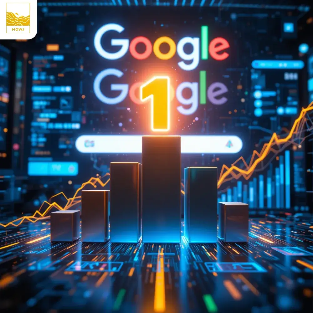 "An image of a digital leaderboard showing the top position with a glowing number one icon, symbolizing the achievement of reaching the first page of Google search results. The Google logo is prominently displayed in the background, alongside a modern, high-tech interface with search bars and a dynamic flow of digital elements. A graph or upward arrow can be included to emphasize growth and improvement in website ranking. The overall tone conveys success, digital marketing expertise, and the power of effective SEO with a focus on Google’s search engine."
