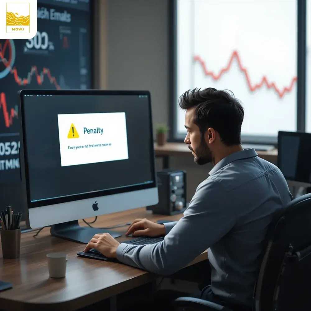 For a real-world graphic concept related to "Google turning its back on a website due to SEO mistakes," here's an idea: "An image of a business owner sitting at a desk, looking at a computer screen displaying a 'Penalty' notification from Google. The screen shows a warning sign or error message, with the Google logo in the background appearing blurred or distant. The business owner looks frustrated, symbolizing the consequences of bad SEO practices. In the background, there is a visible chart or graph showing a downward trend, reflecting the negative impact of poor SEO on website performance and rankings." This idea captures the concept of SEO mistakes causing a real-world impact, with an emphasis on the frustration and consequences faced by businesses when Google penalizes their websites.