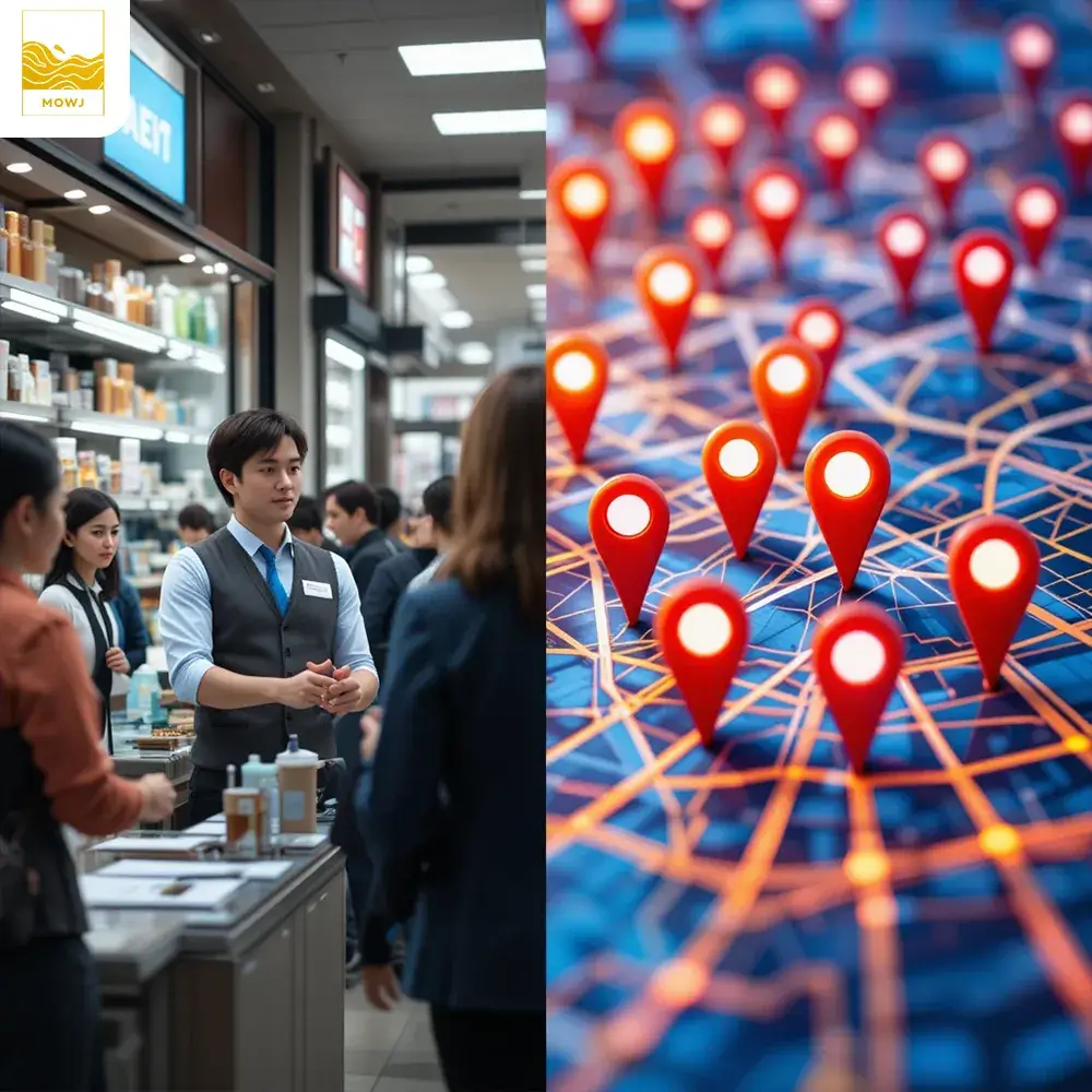 A dynamic split-image showing a side-by-side comparison: on one side, a busy storefront with a sales representative interacting with customers in-person, and on the other, a vibrant digital map with location pins, representing the reach of local SEO. The image visually contrasts the traditional in-person sales method with the power of digital visibility through local SEO, highlighting how businesses can connect with nearby customers both physically and online to increase sales and brand awareness.