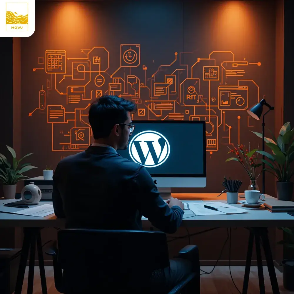 A web designer is working on a laptop at a sleek desk, with the WordPress logo displayed on the screen. The designer is deeply focused, surrounded by design tools, wireframe sketches, and a cup of coffee. The background features abstract digital elements symbolizing web development and user experience design. The atmosphere is both professional and innovative, with a color palette of vibrant orange and dark gray, creating a modern and dynamic environment. Subtle lighting adds a warm and inviting touch to the space.
