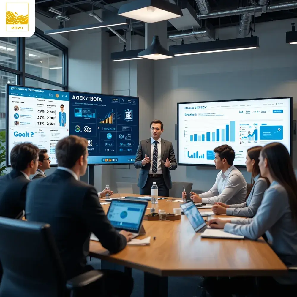 A business owner presenting a marketing project to a digital marketing agency in a modern office. The team of experts listens attentively, analyzing data on large screens and discussing strategies.