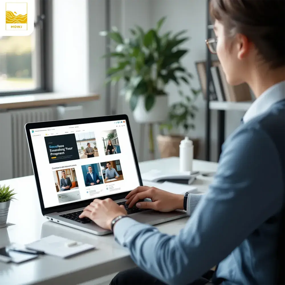 A business owner sitting at a sleek desk, effortlessly building a professional website on a laptop using a drag-and-drop website builder. The screen displays a modern layout with SEO optimization tools, symbolizing ease and success in website creation.