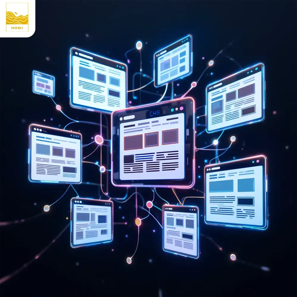 A 3D digital illustration showing multiple website pages connected by glowing lines, symbolizing internal linking for improved SEO and user navigation. The pages float in a dynamic space with depth and perspective, while vibrant lines pulse to represent the flow of interconnected content.