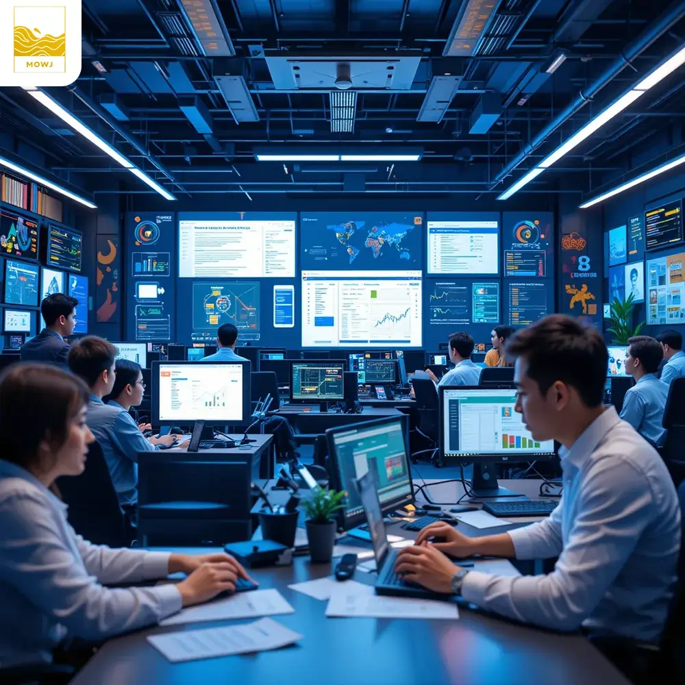 SEO experts optimizing websites, refining strategies, and analyzing data to maximize performance before launching an advertising campaign aimed at boosting sales. A high-tech workspace symbolizing the energy and precision required for successful SEO and sales growth