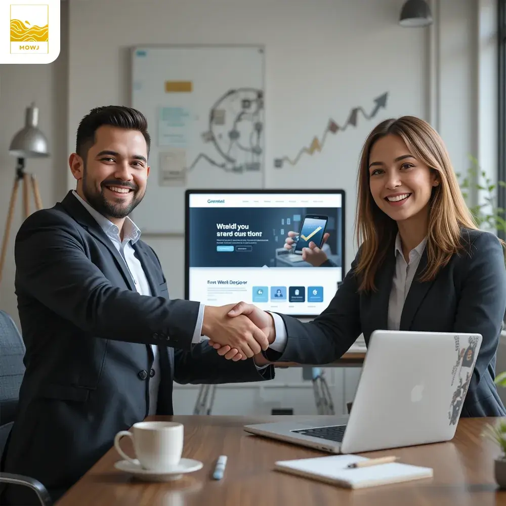 A satisfied business owner and a web designer shaking hands, celebrating the successful completion of a budget-friendly yet high-quality website. The laptop screen displays a sleek and professional web design. The stylish office setting includes a coffee cup, notepad, and background symbols like a checkmark, dollar sign, and upward-trending graph, representing affordability, quality, and business growth.