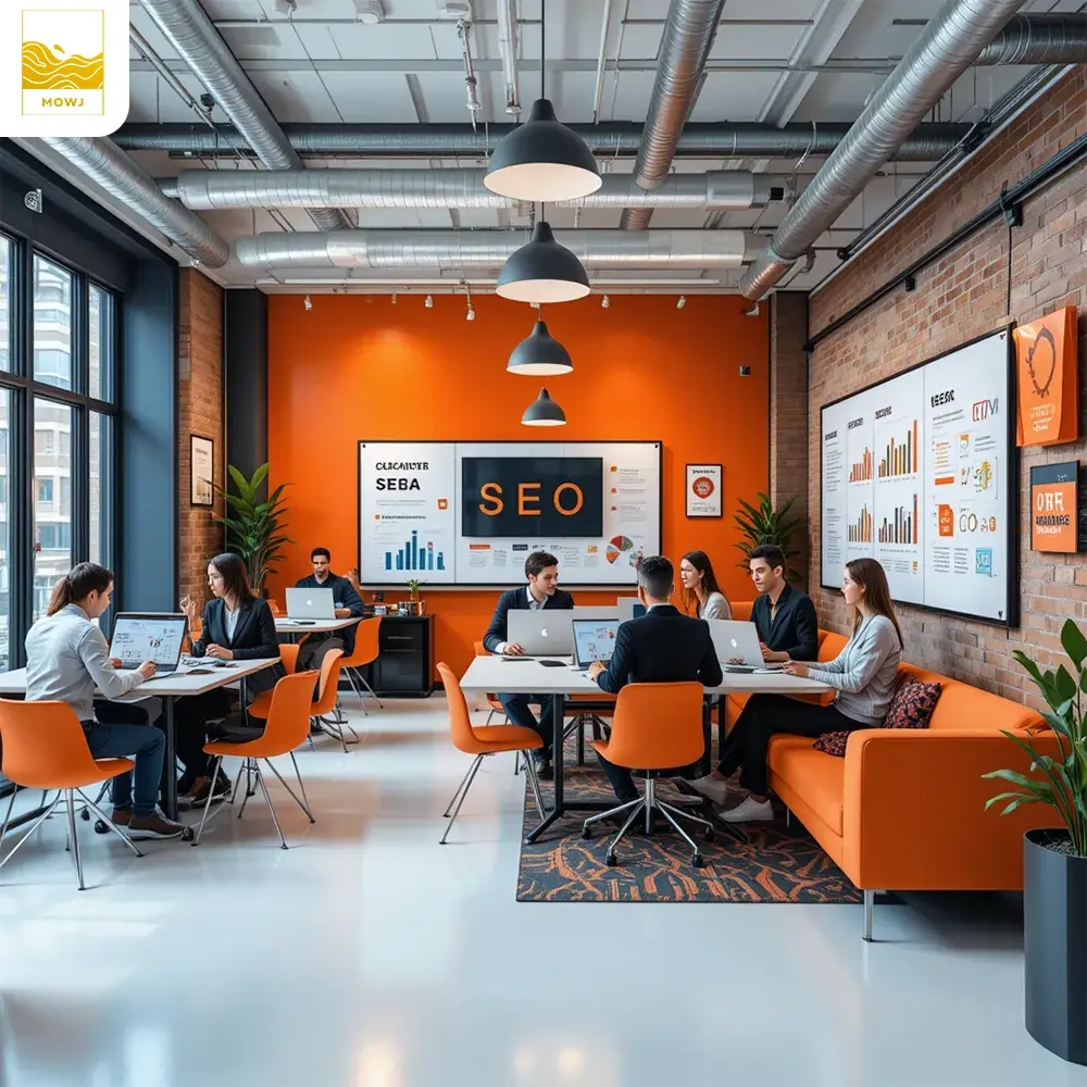 A modern, vibrant SEO company office with an open workspace, industrial design elements, and team members collaborating on SEO strategies, featuring a color scheme of orange, black, and gray.