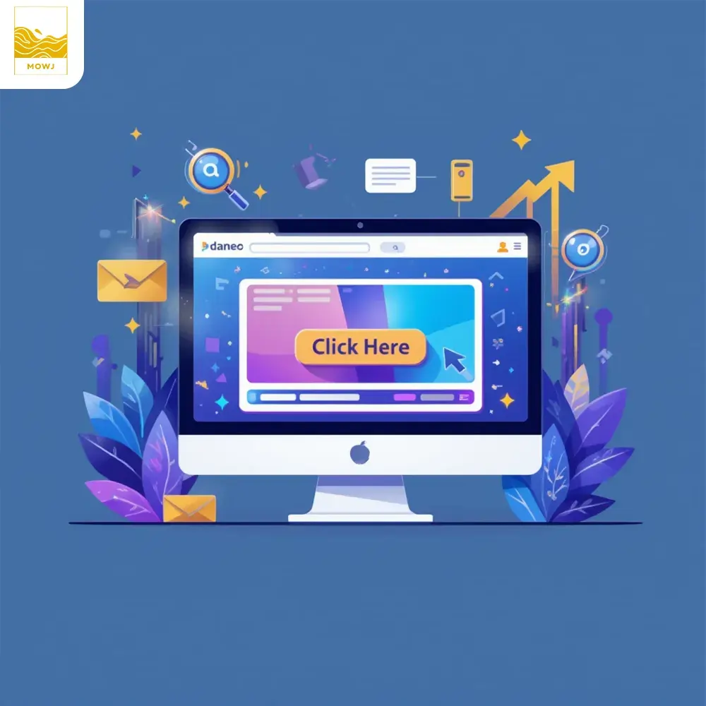 Digital artwork depicting website sales growth through online ads, featuring a glowing screen, click buttons, and marketing symbols in a modern style.
