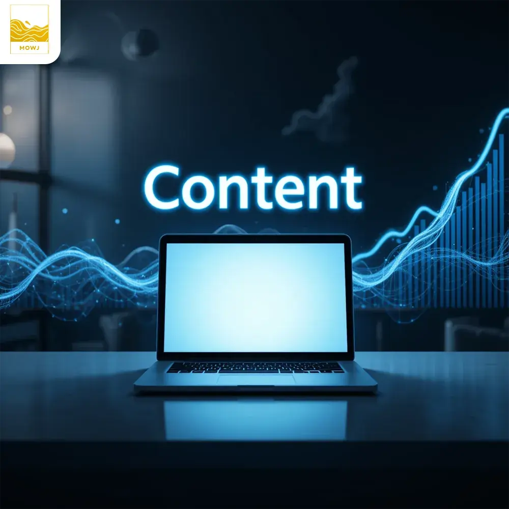 Modern digital workspace with "Content SEO" text, glowing laptop, and symbols of online growth