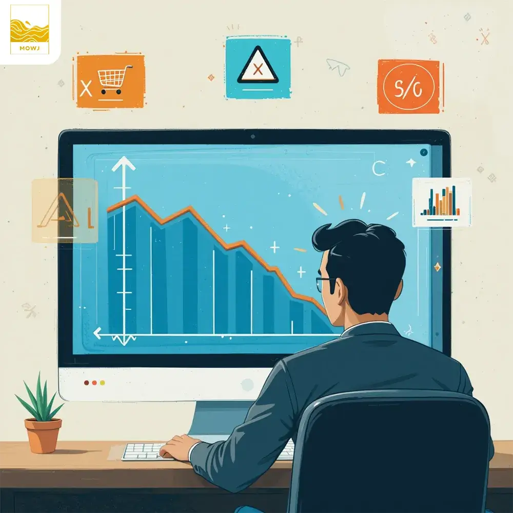 A frustrated business owner looking at a downward-sloping sales graph on a computer screen, surrounded by warning icons representing e-commerce mistakes like abandoned checkouts, slow website speed, pricing errors, and poor SEO.