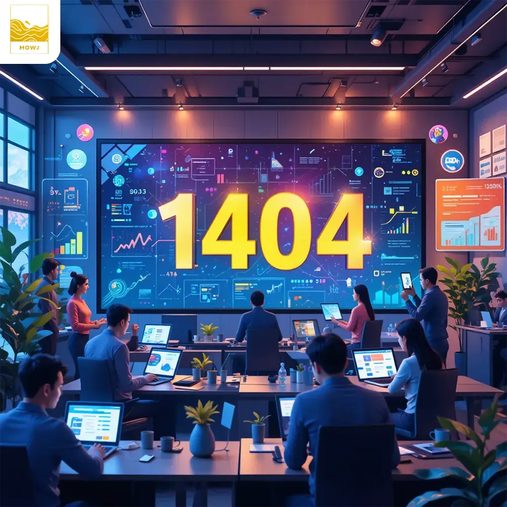 A vibrant digital marketing scene for the new year 1404, featuring a modern workspace with data analysis, brainstorming, and digital screens showcasing marketing strategies and growth opportunities.