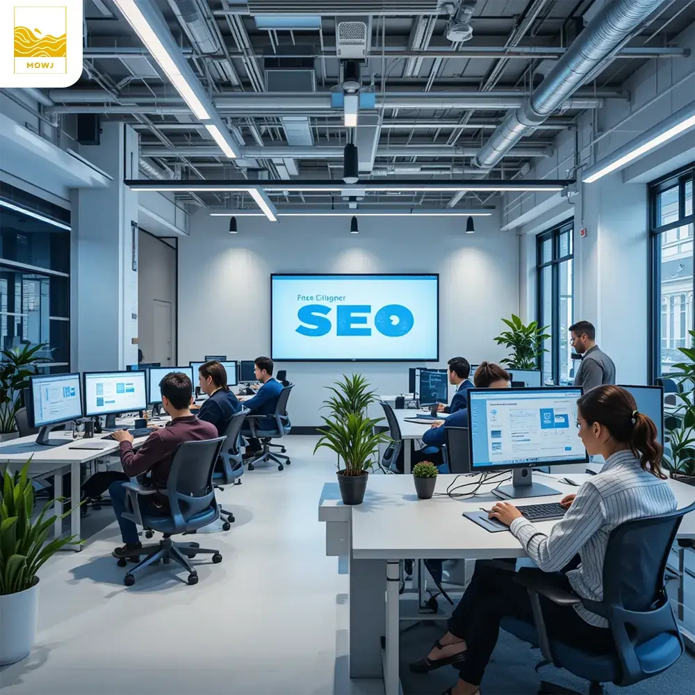 A professional SEO company with team members working efficiently in a well-equipped office space, focused on SEO tasks using advanced technology and tools.