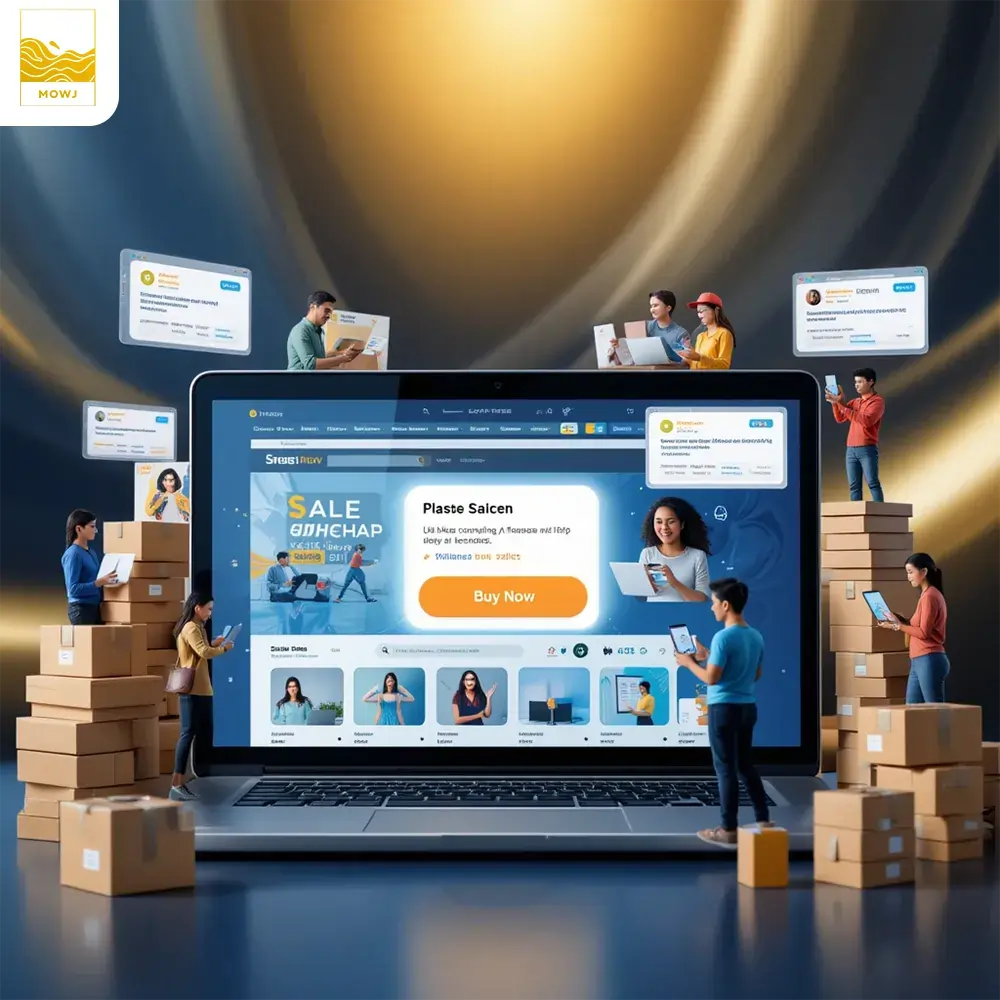 An e-commerce website generating high sales, featuring a sleek design, real-time purchase notifications, and happy customers placing orders online.