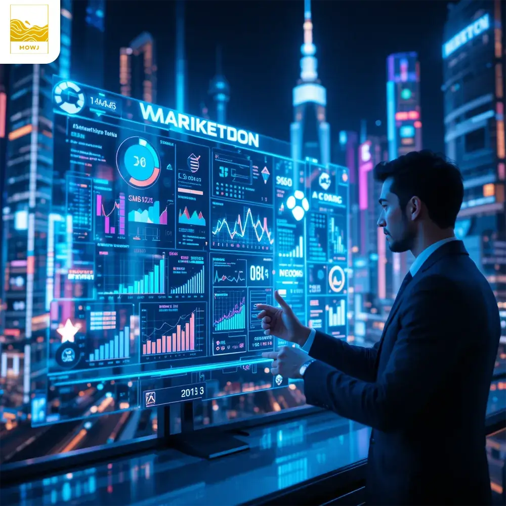 A businessman analyzing data on a holographic screen with digital charts, SEO graphs, and social media icons, set against a neon-lit cityscape, symbolizing the future of digital marketing in 1404 with innovation, growth, and success.