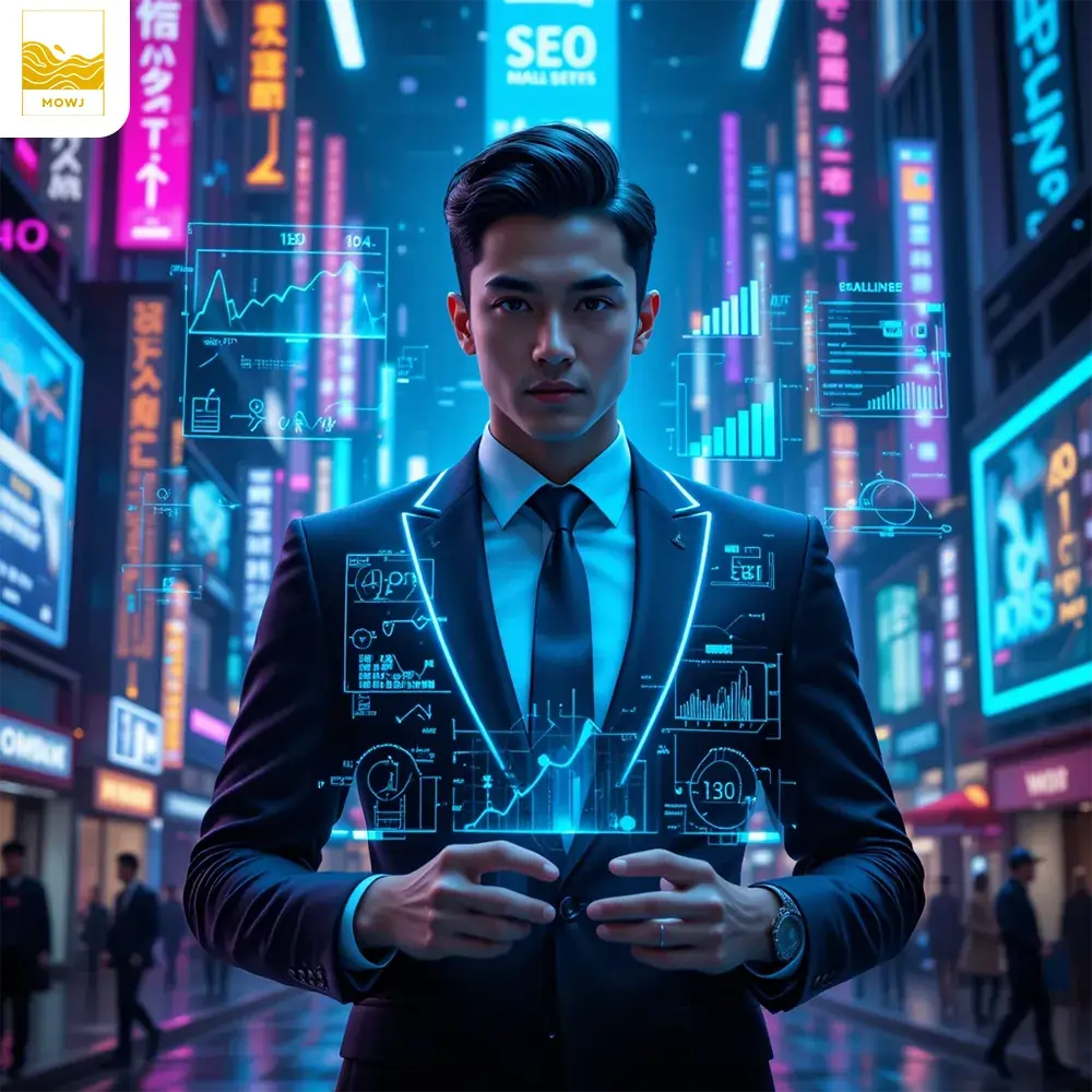 A confident young businessman in a sleek smart suit stands in front of a high-tech holographic interface displaying SEO graphs, AI-driven insights, and social media metrics. The cyberpunk cityscape background is filled with neon signs, holographic billboards, and flying drones delivering ads.
