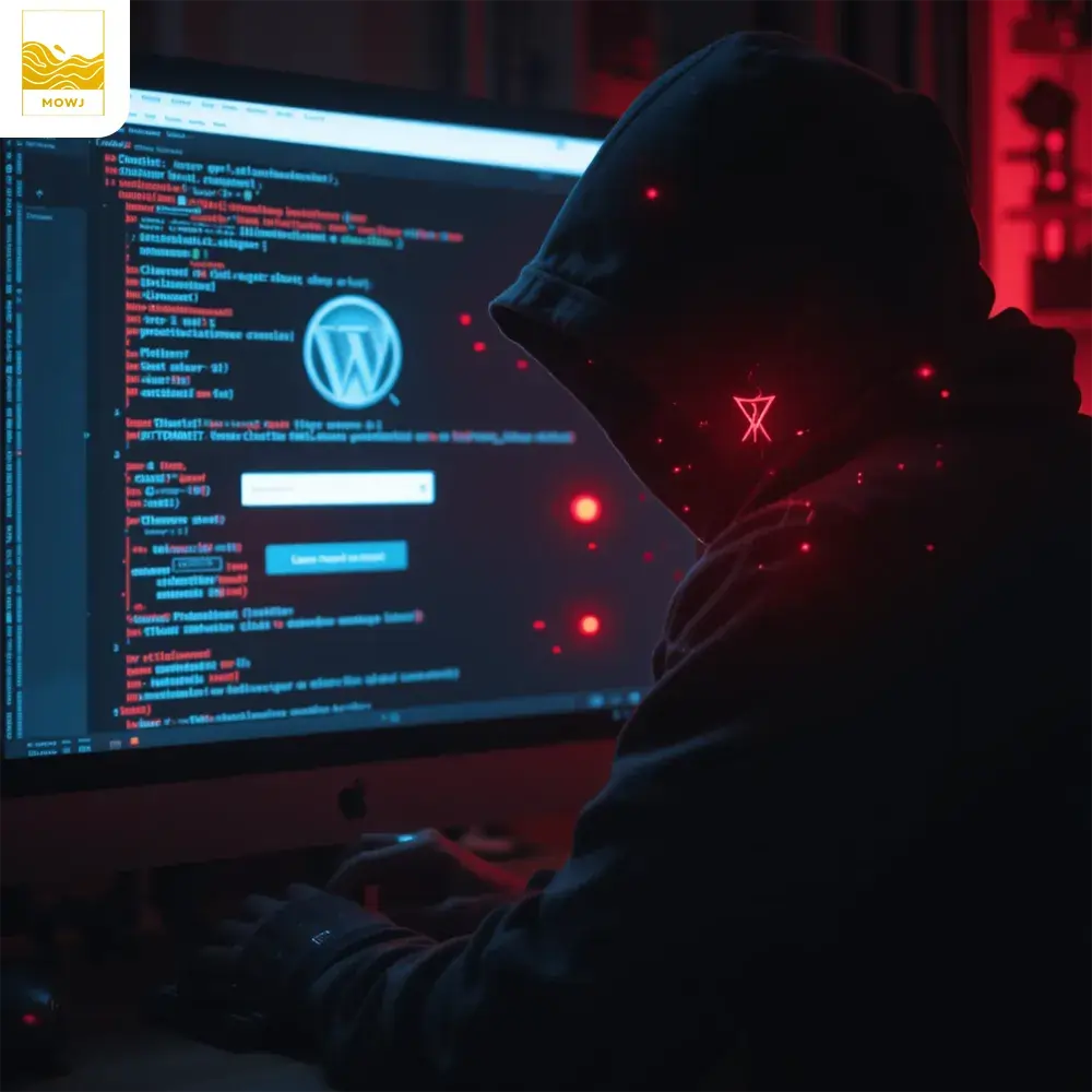 A hacker attempting to breach the security of a WordPress website, with a dark atmosphere, a login screen showing error messages, and red warning symbols indicating an ongoing cyber attack.