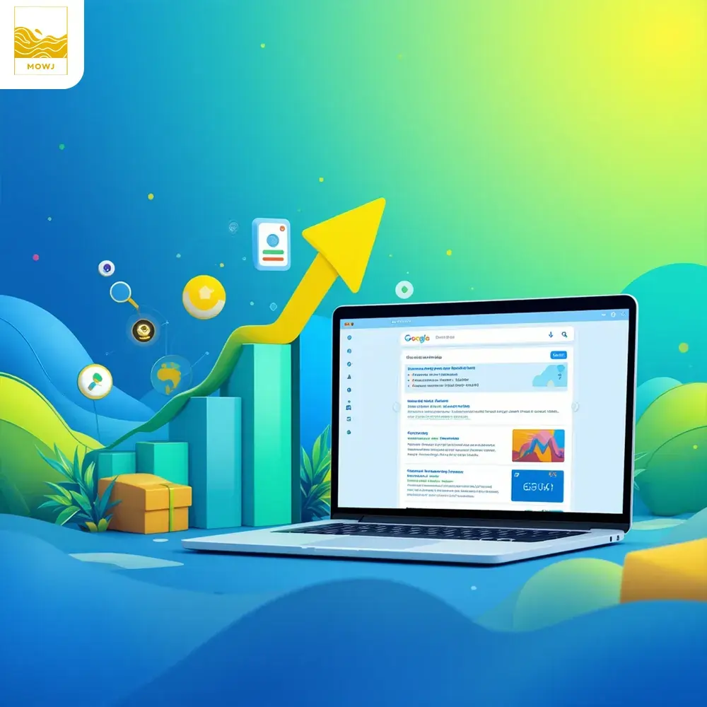 A dynamic image showing an ascending arrow representing growth, with icons like a magnifying glass, search bar, and ranking chart on the left. On the right, a laptop displays a top-ranking website, symbolizing success. The gradient background features shades of blue and green for progress and trust.