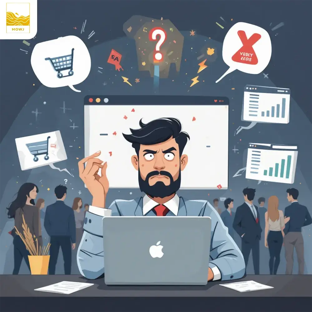 A frustrated business owner sits at a desk, staring at a laptop screen showing an online store with no sales. Surrounding them are icons representing common mistakes: checkout issues, pricing problems, poor design, and lack of SEO. In the background, visitors leave the website without purchasing, highlighting low conversion rates.