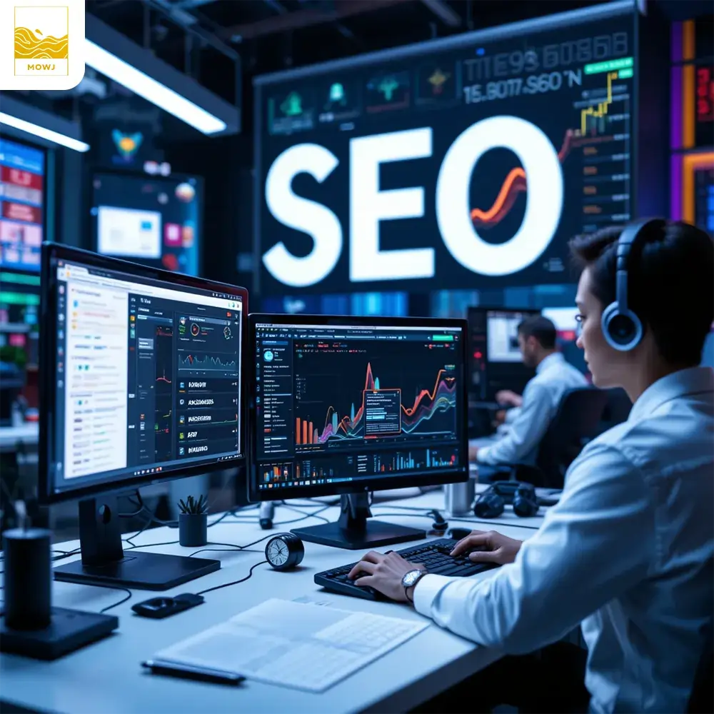SEO professionals optimizing websites using advanced tools and strategies, preparing for a successful advertising campaign. A high-tech workspace reflecting meticulous planning to boost search rankings and ensure campaign success