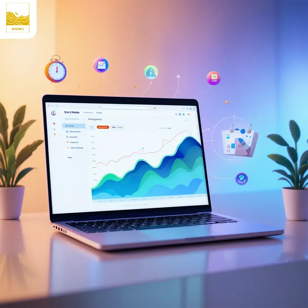 A modern workspace with a laptop displaying a rising graph, accompanied by icons like a clock, calendar, and arrows, emphasizing the gradual process of SEO improvement over time.