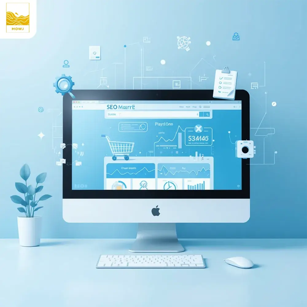 Minimalist digital workspace with a desktop displaying an e-commerce site, shopping cart, and SEO elements like magnifying glass and checklist, set in soft blue and white tones to symbolize clarity and sales growth through SEO.