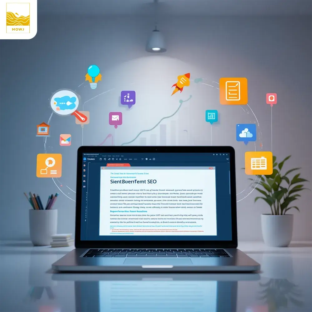 Modern digital workspace with laptop showing SEO-focused blog post, surrounded by colorful SEO icons, rising graph, and digital waves, symbolizing online growth.