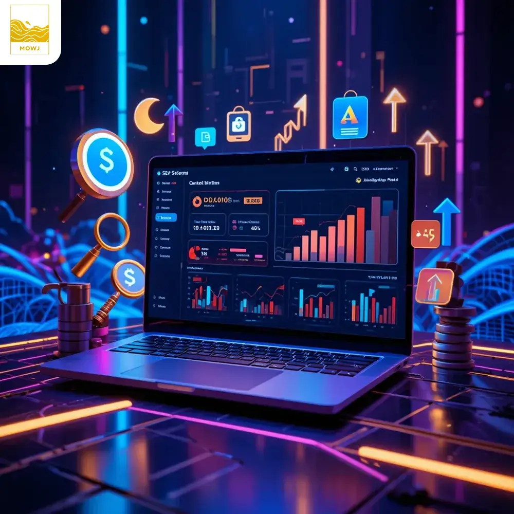 3D illustration of SEO content writing with a laptop showing analytics charts, a notepad with strategy notes, and floating SEO icons like a magnifying glass, keywords, and a ranking graph in a modern digital marketing theme.