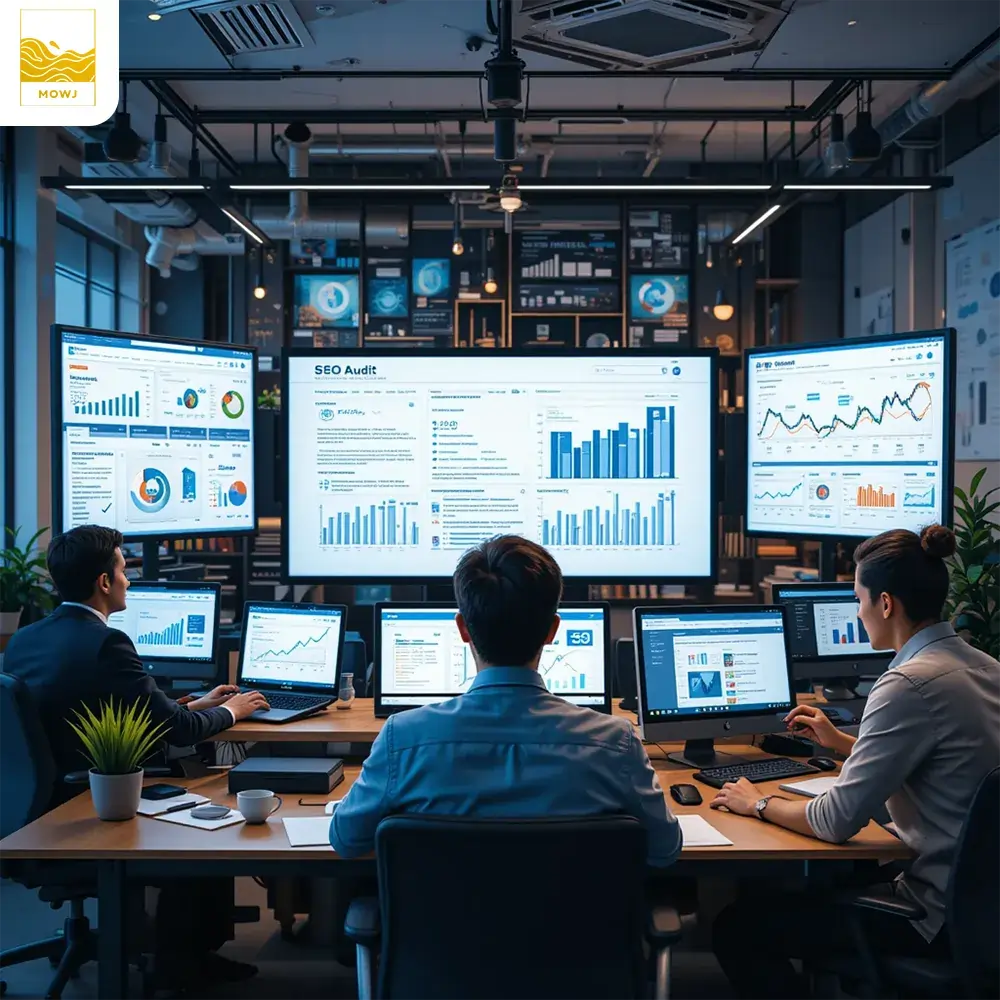 Alt: "A professional digital marketing workspace with experts analyzing SEO tools, optimizing content, and reviewing site performance graphs to boost website traffic and improve search engine rankings."