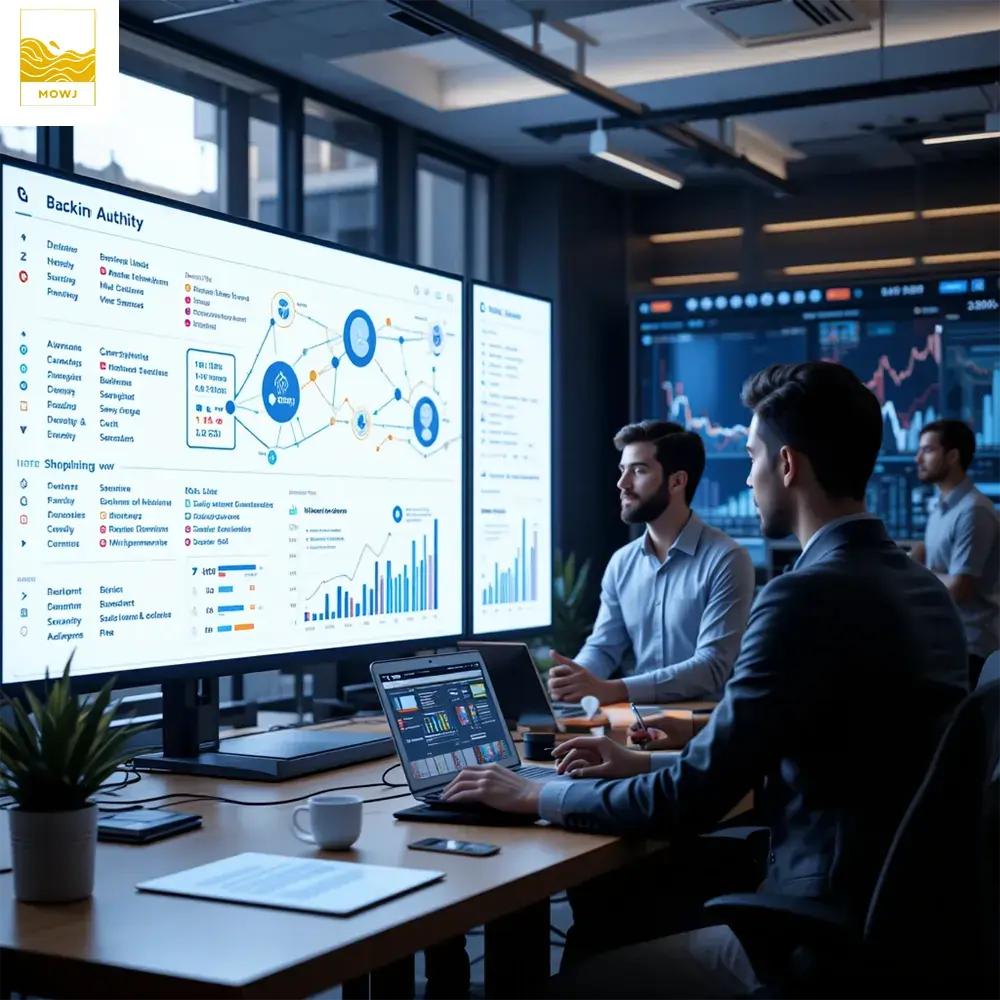 A modern digital workspace with a team of SEO professionals collaborating on link-building strategies. A large screen shows backlink analytics, interconnected website nodes, and domain authority graphs. One expert analyzes data on a laptop, while another discusses outreach strategies, all in a tech-driven, professional setting.