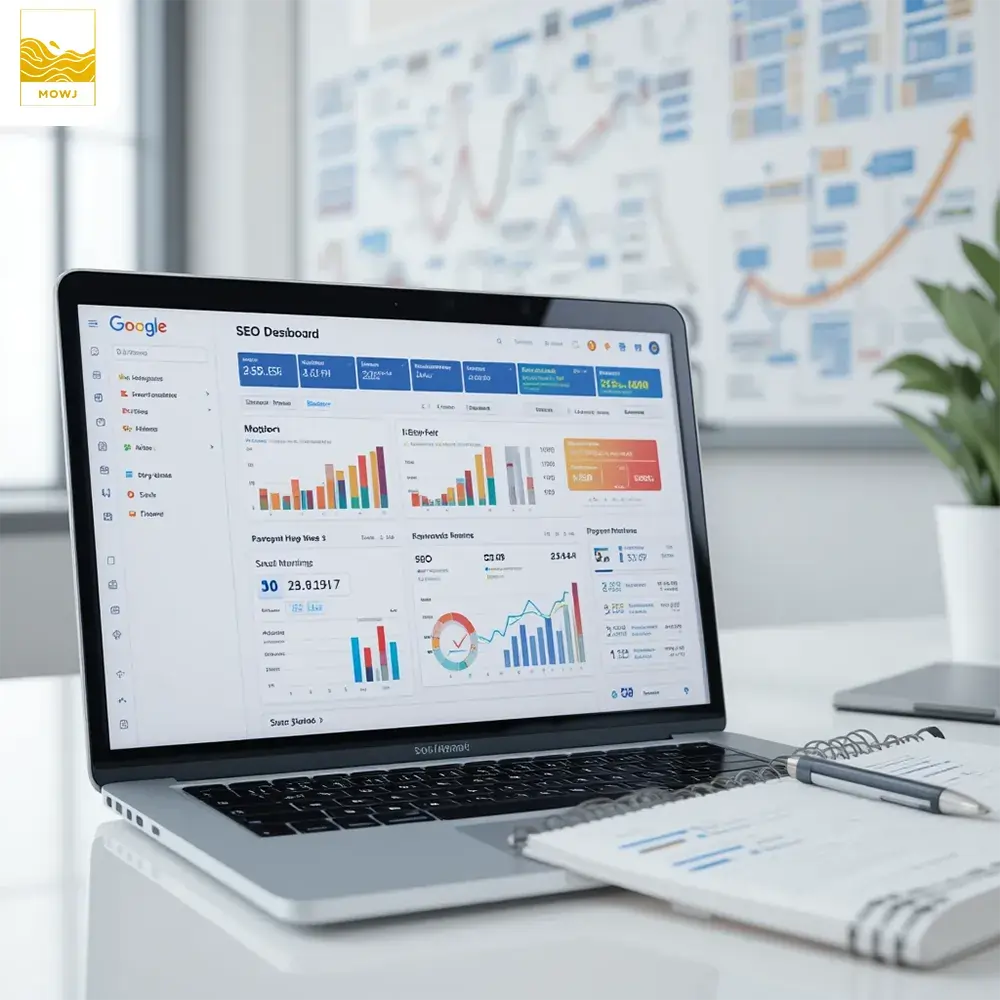 Modern workspace with an open laptop displaying SEO performance graphs and keyword metrics for detailed report analysis.