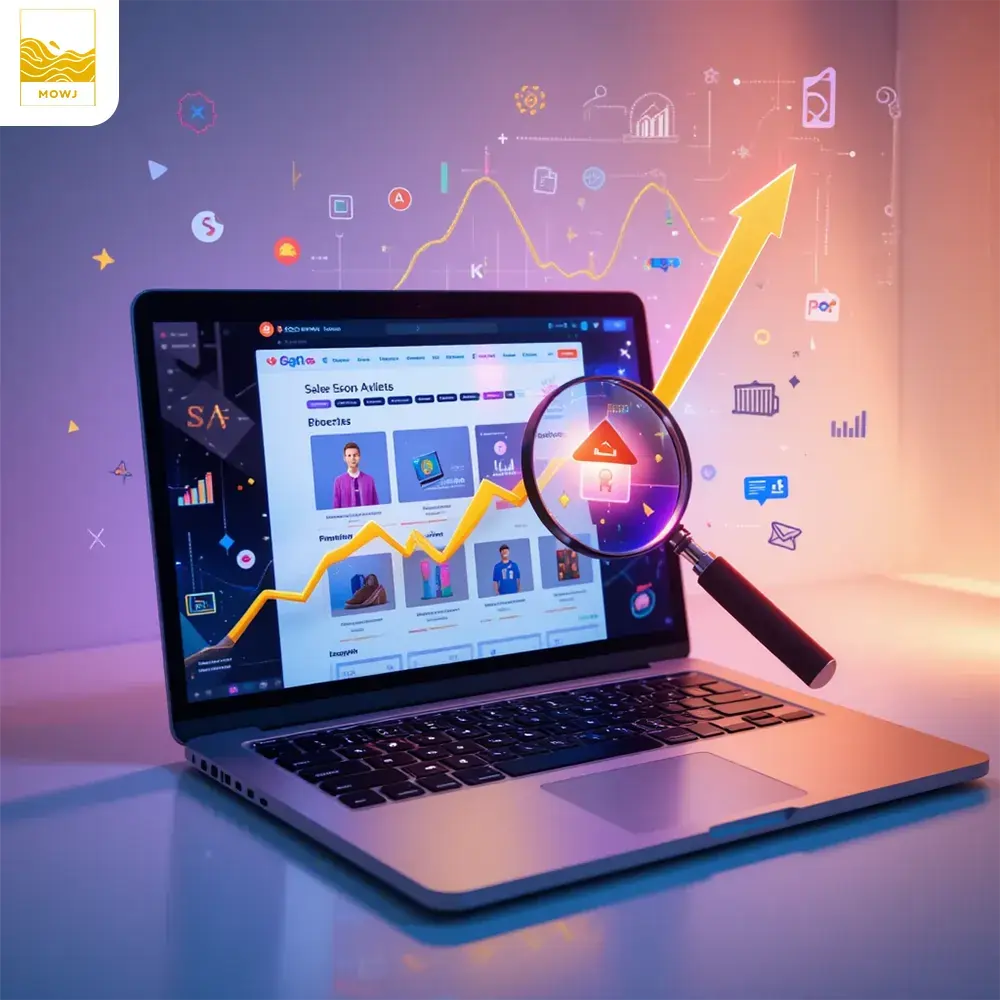 Modern e-commerce website on a laptop screen with upward trending graph, showcasing SEO strategies to boost sales, with floating SEO elements like keywords, analytics, and optimization tools.