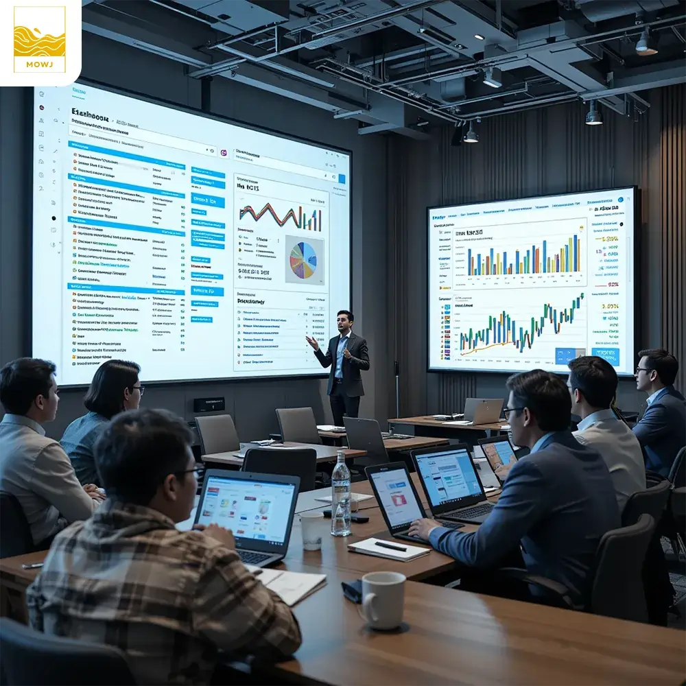 Experts discussing SEO strategies in a modern workspace, reviewing data and performance metrics to improve website rankings.